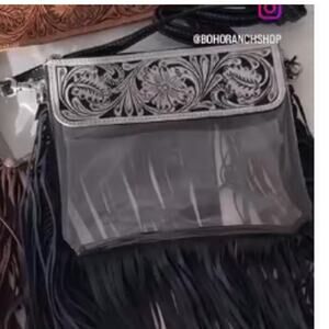 Hand Tooled Leather Clear Crossbody Purse White and Black